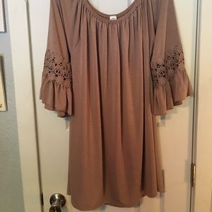 NWT Tan scoop neck top with flower bell sleeves